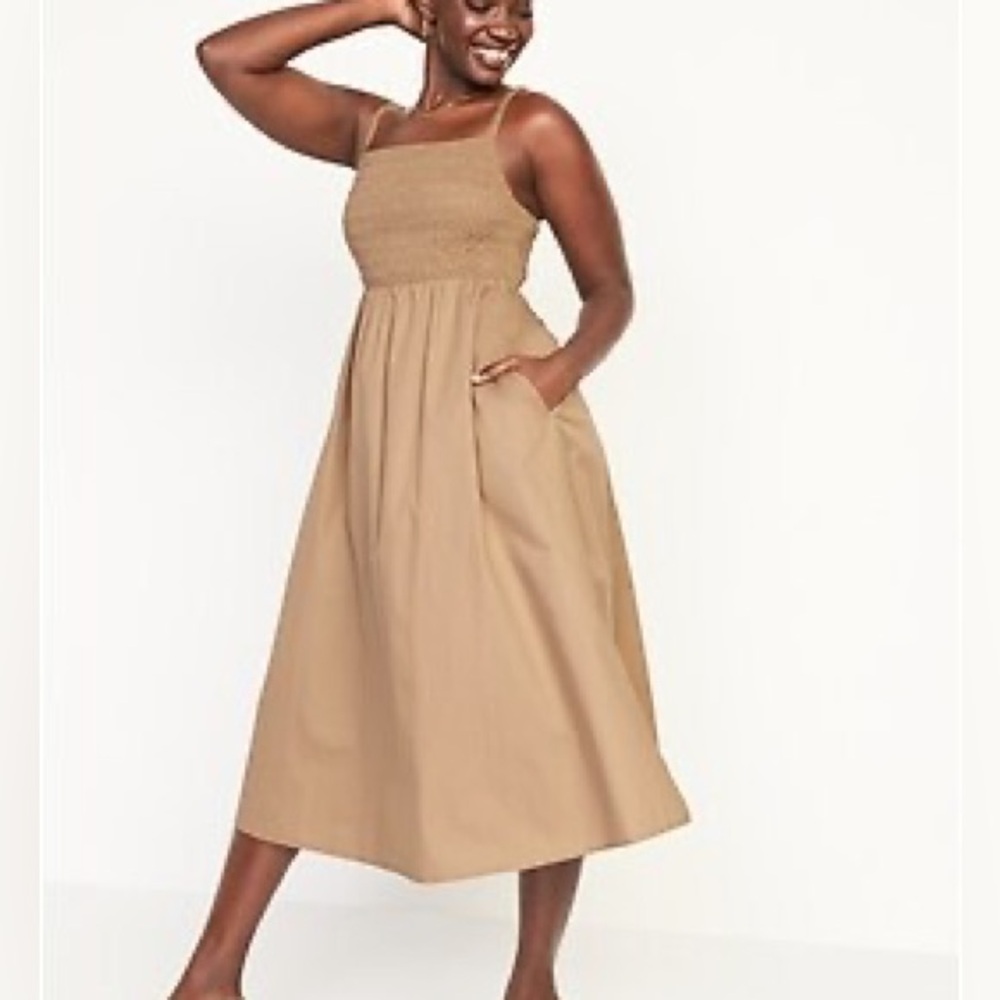 Old Navy Fit & Flare Sleeveless Cotton-Poplin Smocked-Bodice Midi Dress